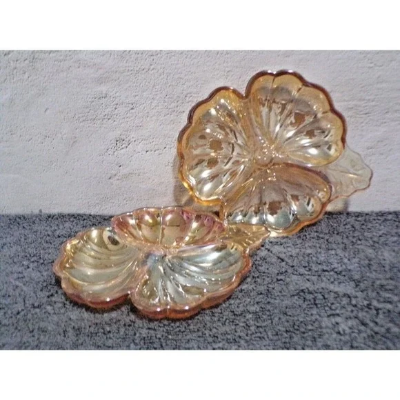 Vintage Amber Iridescent Carnival Glass 3 Part Flower Candy Dish Set‎ of 2