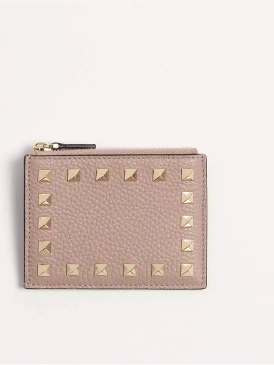Valentino Garavani Rockstud Pebbled Leather Coin Purse in Dusty Pink
