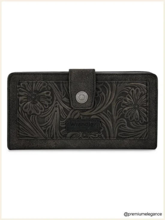 Western Bifold Zipper Wallet with Tooling Flower Design and RFID Blocking