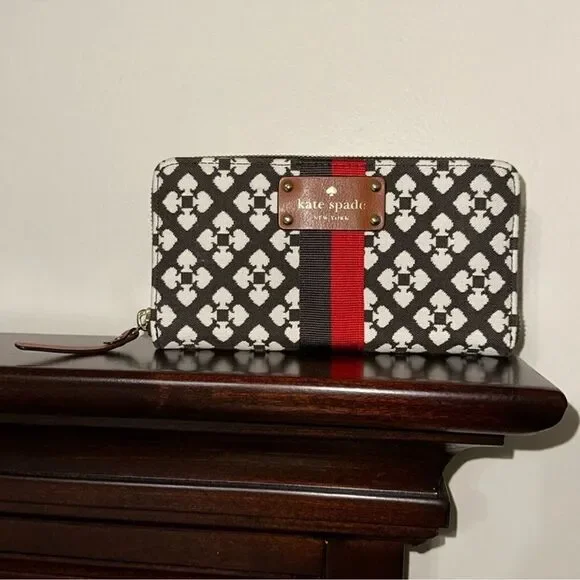 kate spade Brown Ivory Spade Print Red Brown Stripe Wallet