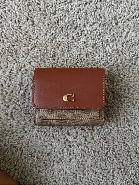 Coach Compact Signature Card Case with Brown Leather Flap