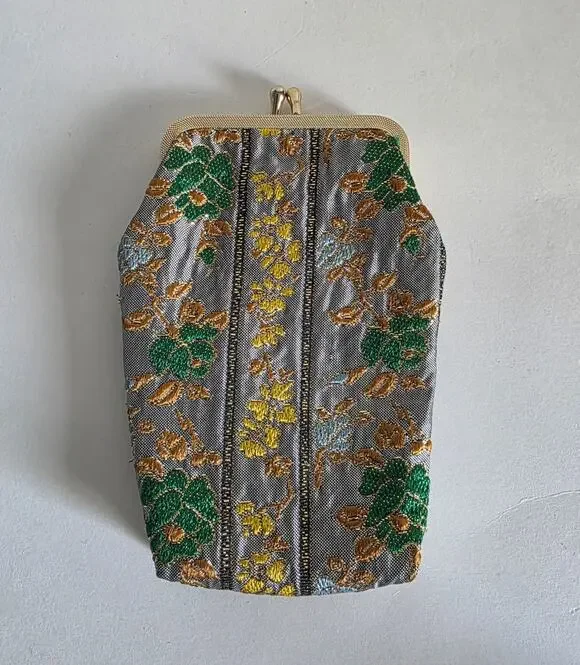 Vintage Asian Brocade Kiss Lock Coin Purse Floral Gray Gold Green 5x3.5