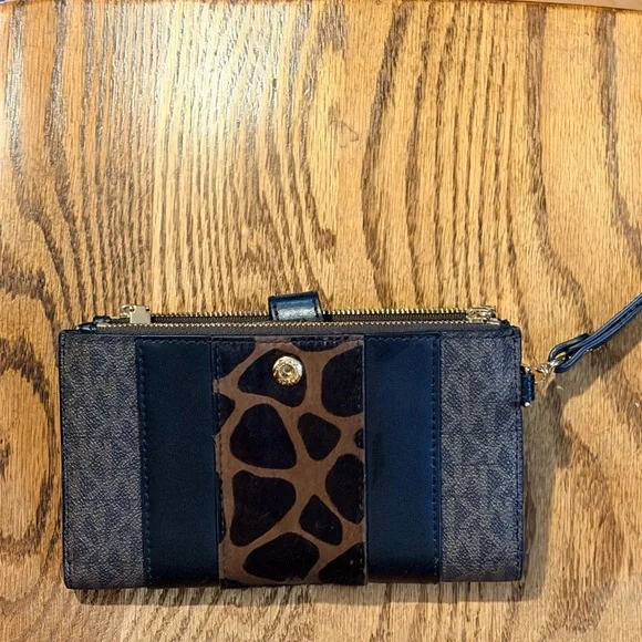 Michael Kors Black and Brown Monogram Giraffe-Print Wristlet