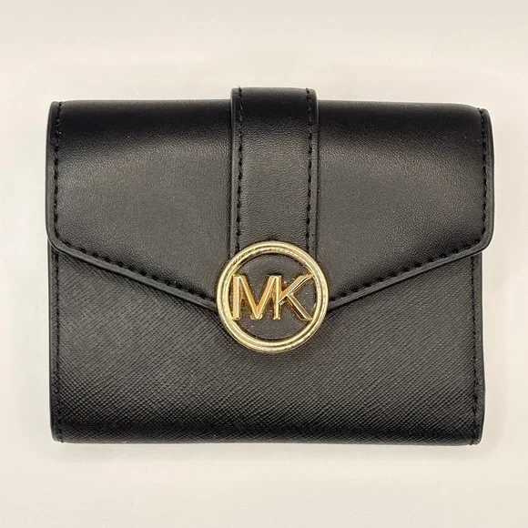 Michael Kors Black Leather Trifold Wallet Gold MK‎ Logo Medallion Snap Closure