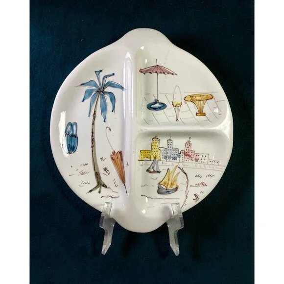 Vintage Italy Hand Painted Divided Relish Tray Ashtray Coastal Beach MCM Decor