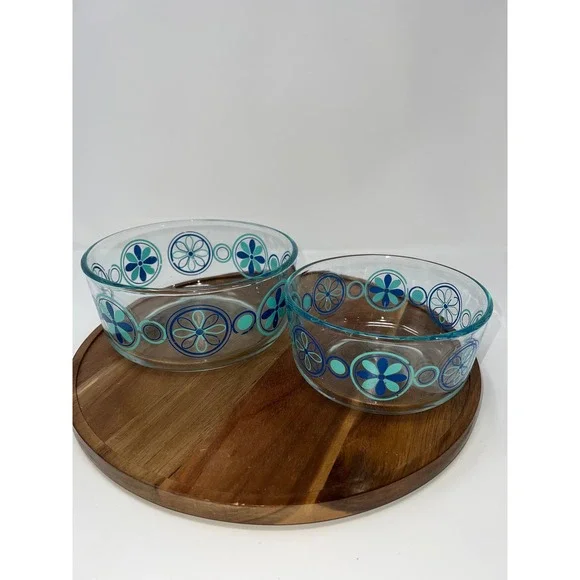 Pyrex Blue Mod Flowers Glass Bowls Set of 2 Vintage Retro MCM Teal‎ Cobalt