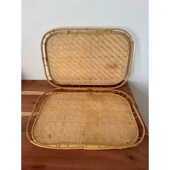 Rattan wicker bamboo vintage serving  tray set of 2 wooden woven  island tropica
