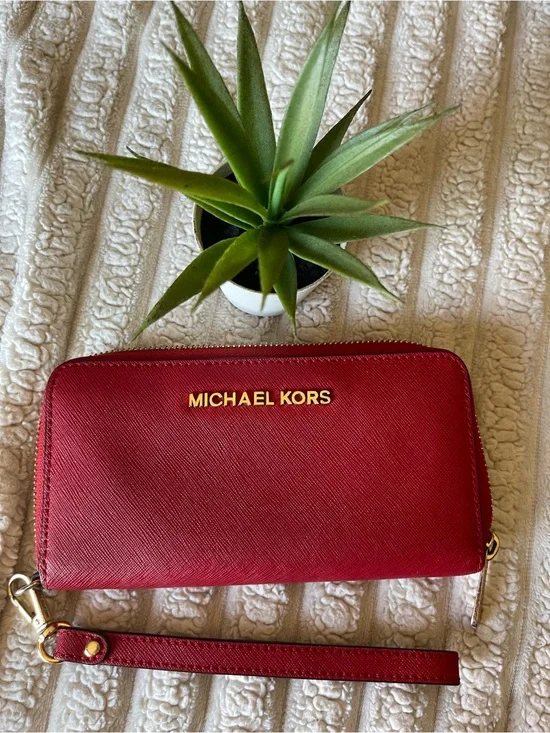 Michael Kors Red Saffiano Zip Wallet with Wristlet