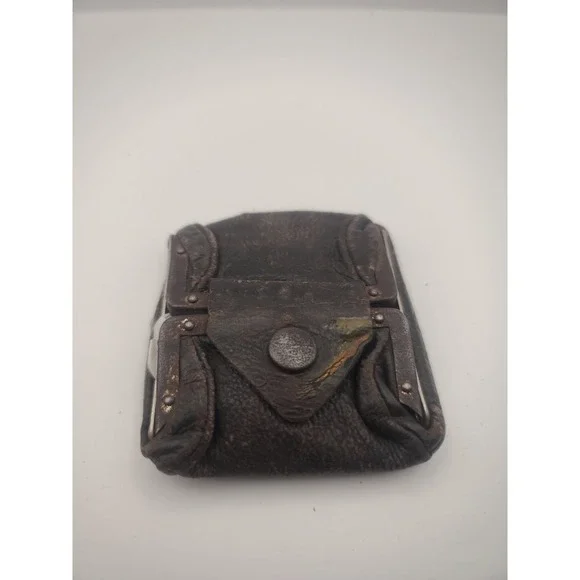Antique 1920s Hinged Leather Coin Purse Snap Pouch Wallet Money Holder