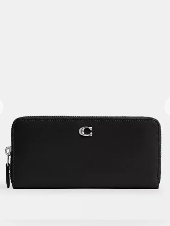 COACH Black/Silver Leather Slim Accordion Zip Wallet