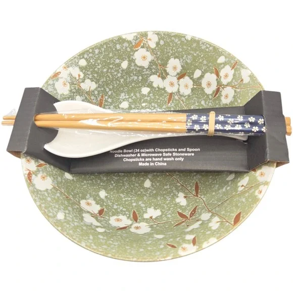 SH Home Sakura Cherry Blossom Ceramic Ramen Noodle Bowl‎ Green Chopsticks Spoon