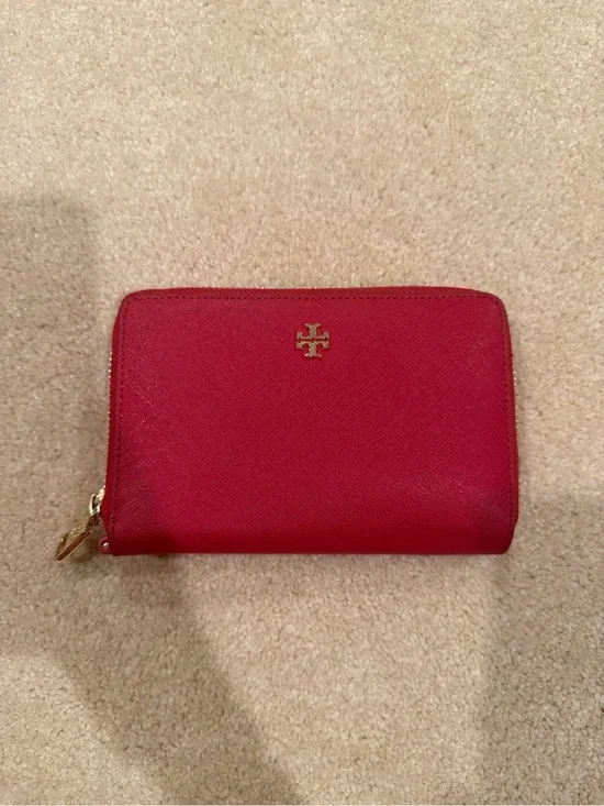 Tory Burch Cherry Red Zip-Around Wallet with Gold Logo