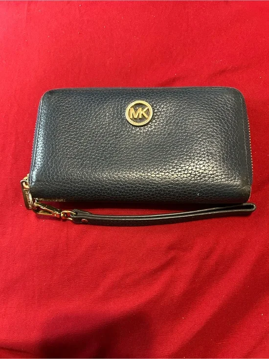 Michael Kors Navy Pebbled Leather Wristlet with Gold MK Emblem