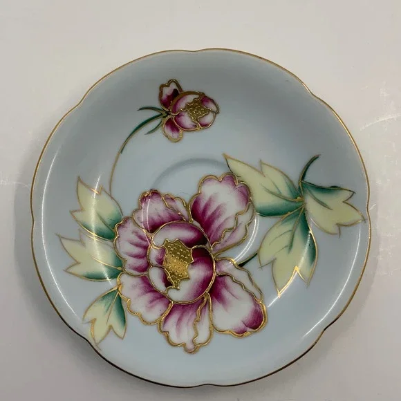 Vintage Made in Japan Peony Floral Moriage Porcelain Blue Gold 5.5 Inch Saucer
