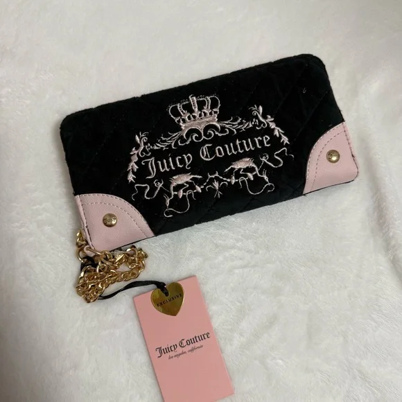 Juicy Couture Black Velour Wallet Pink Trim Crown Crest Y2K McBling