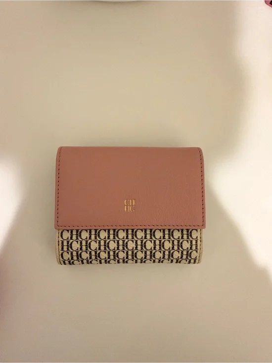 Carolina Herrera Pink and Beige Logo Canvas Trifold Wallet