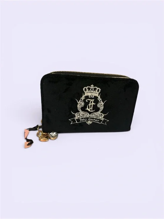 Juicy Couture Black Velvet Crest Zip Pouch with Charm Pulls