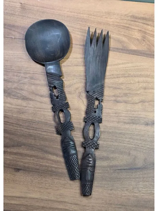 Vintage African Hand Carved Ebony Wood Salad Serving Set Fork Spoon