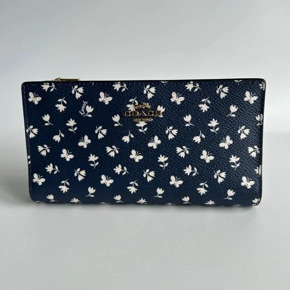 Coach Slim Zip Wallet Deep Blue Floral Butterfly Leather CB024 NWT