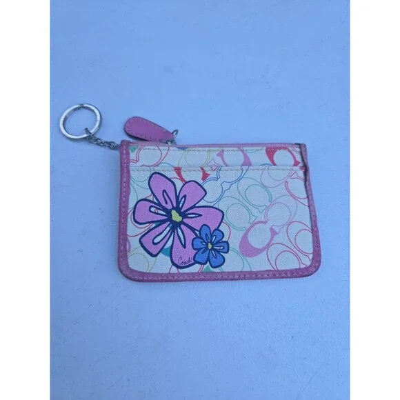 Coach Multicolor Floral Pattern Signature Print Coin Purse And Key Pouch