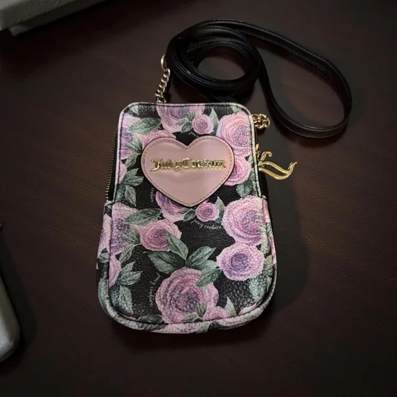 Juicy Couture Black & Pink Floral Long Crossbody Bag EUC