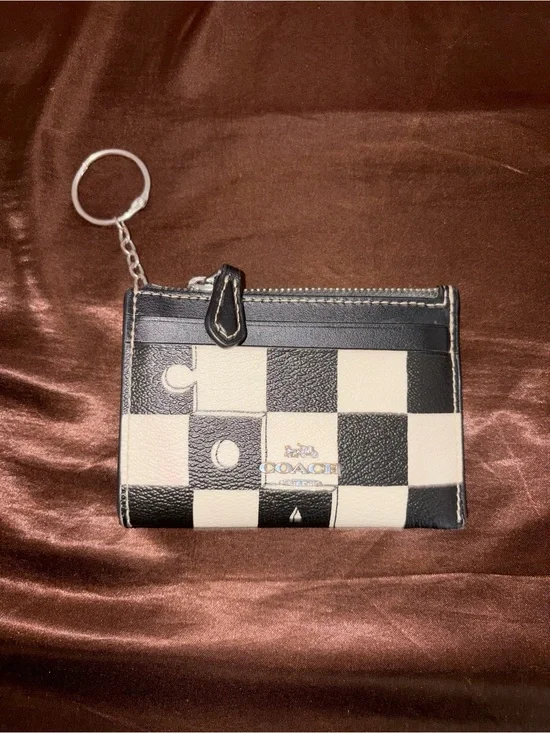 Coach Black and White Checkerboard Card Case Keyring
