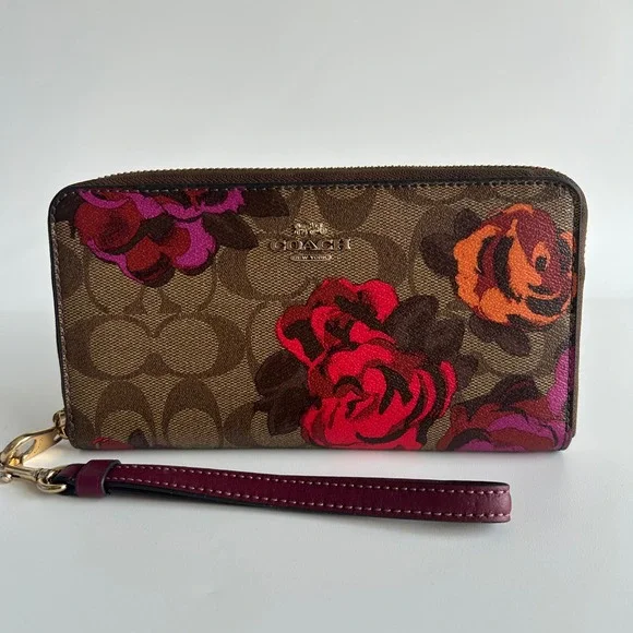 Coach Signature Jumbo Floral Khaki Canvas Zip Around Wallet CE668 Excellent