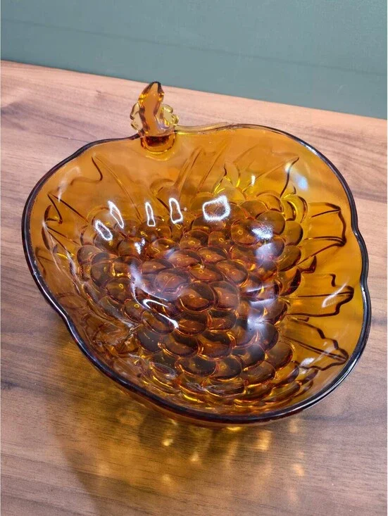 Vintage Amber Glass Grape Leaf Bowl Indiana Colony Candy Dish