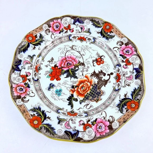 Cauldon England Antique Porcelain‎ Floral Imari Scalloped Plate Pink Orange Blue
