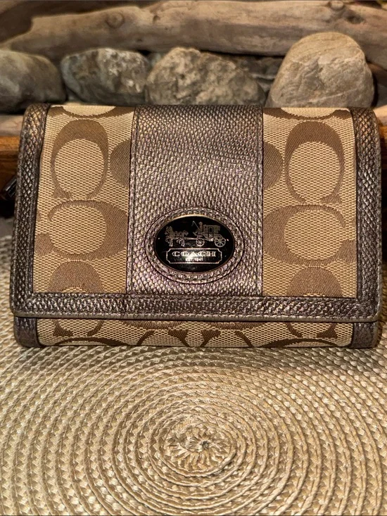 Coach Brown Signature Canvas Wallet with Metallic Bronze Trim