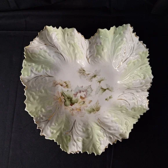 Antique Porcelain Leaf Shaped Floral Serving Bowl Gold Gilt Scalloped Edge 10.5