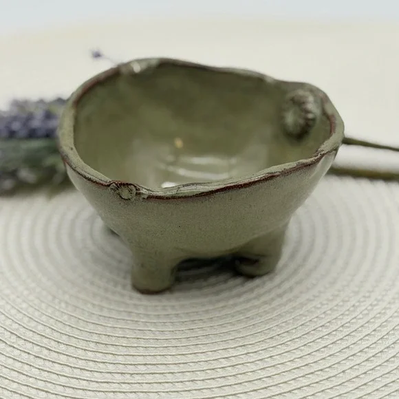 Handmade Studio Pottery Sage Green Glazed Footed Bowl Wavy Rim Wabi Sabi 4.5