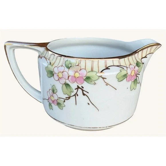 Antique Porcelain Creamer Japanese Style Hand Painted Pink Cherry Blossoms Pink