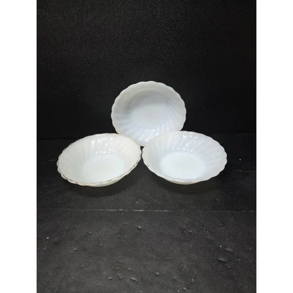 Anchor Hocking Milk Glass Berry Bowls, White Golden Shell Design, Set of 3 Bowls