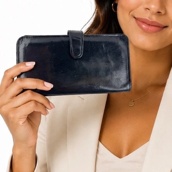 Coach Vintage Black Leather Slim Checkbook Wallet Tab Snap‎ Card Holder Chic 47