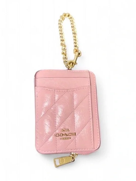 Coach Pink Quilted Leather Card Holder with Gold Chain Accent