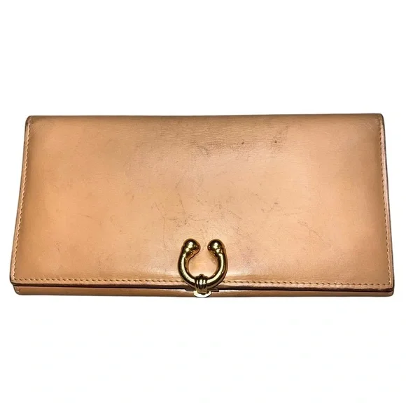Gucci Vintage Horse Bit Long Wallet Tan Italian Leather Brass Hardware Neutral