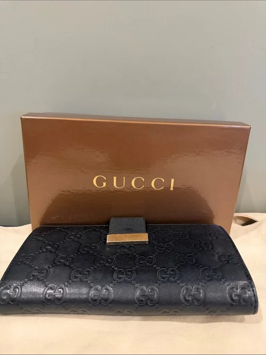 Gucci Black Embossed GG Leather Continental Wallet with Gold Accent