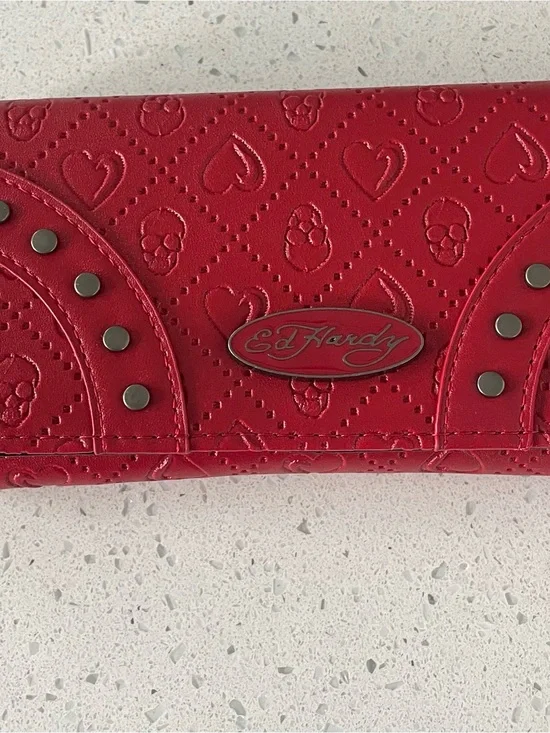 NWT - Ed Hardy Red Embossed Heart & Skull Studded Wallet faux vegan leather.