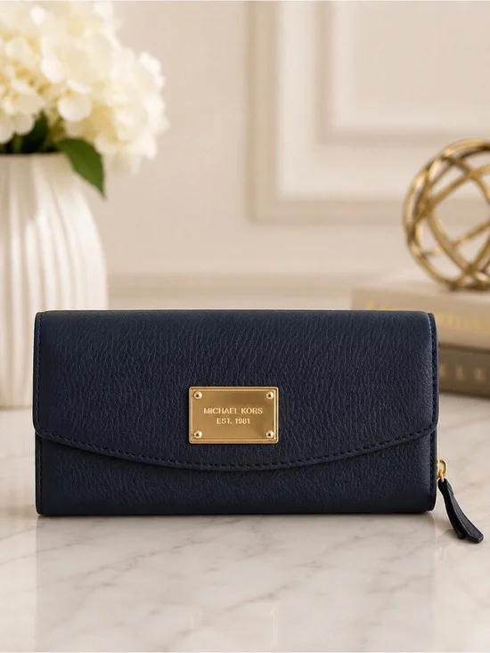 Michael Kors Navy Pebbled Leather Continental Wallet Zip Around Clutch Gold Logo