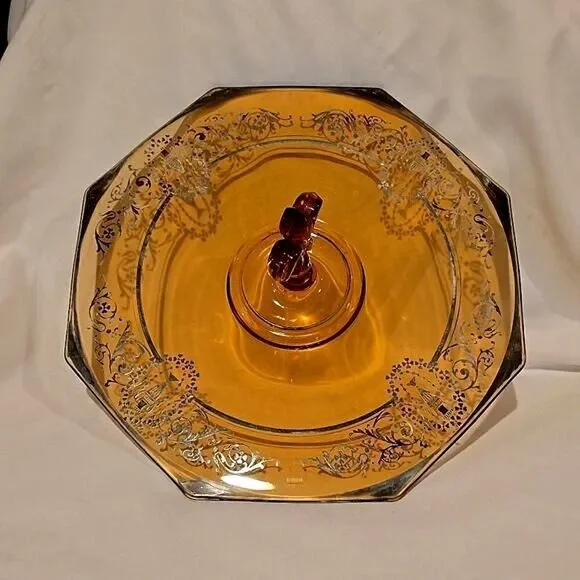 CAMBRIDGE AMBER GLASS Serving Sandwich Tray!  Art Deco Design,Sterling Etching!
