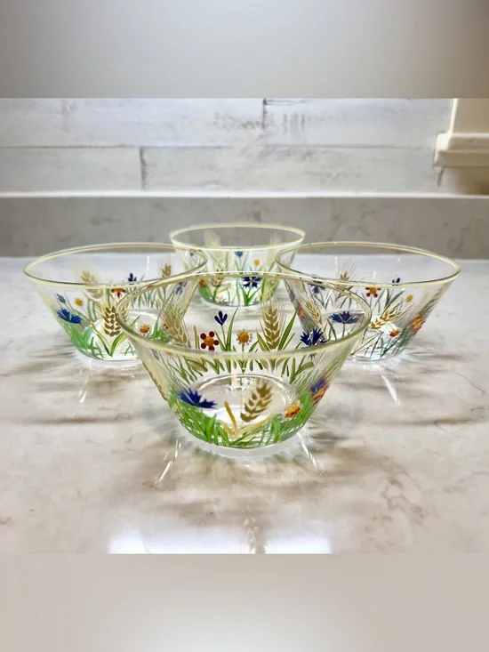 VINTAGE, CLEAR GLASS BOWLS WITH A COLORFUL, HAND-PAINTED DESIGN & YELLOW TRIM.