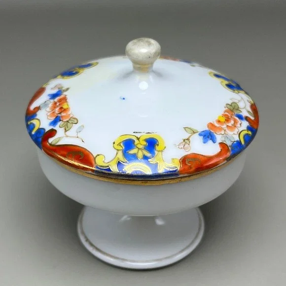 Antique Nippon Hand Painted Porcelain Lidded Pedestal Trinket Dish Floral 2.75