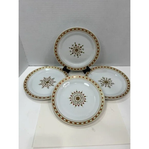 Pier 1 Import 4 Holiday Salad Dessert Plates White Gold Red Green Snowflake 7.5”