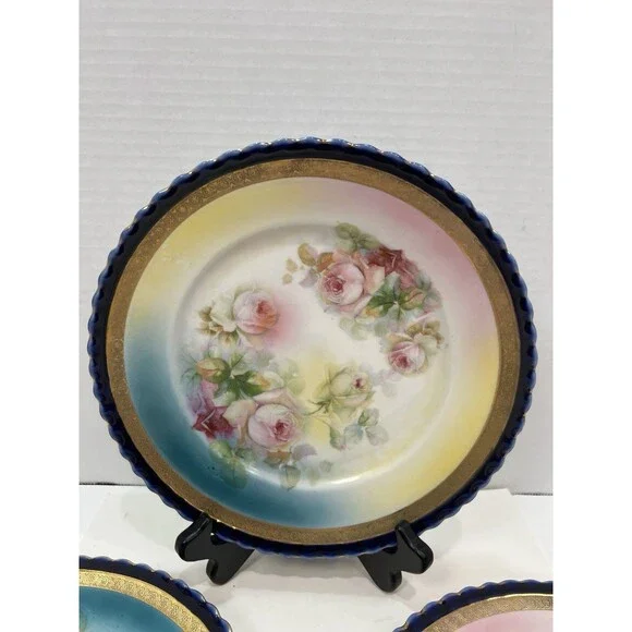 Vintage Hand Painted Porcelain Blue Bright Plate Roses Gold Gilt Scalloped Edge