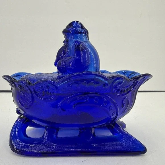 Vtg Westmoreland Cobalt Blue Santa on A Nest Sleigh Covered Dish, Candy,