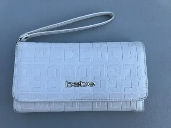 Bebe Embossed Logo White Leather Wallet Wristlet Strap Y2K Clutch