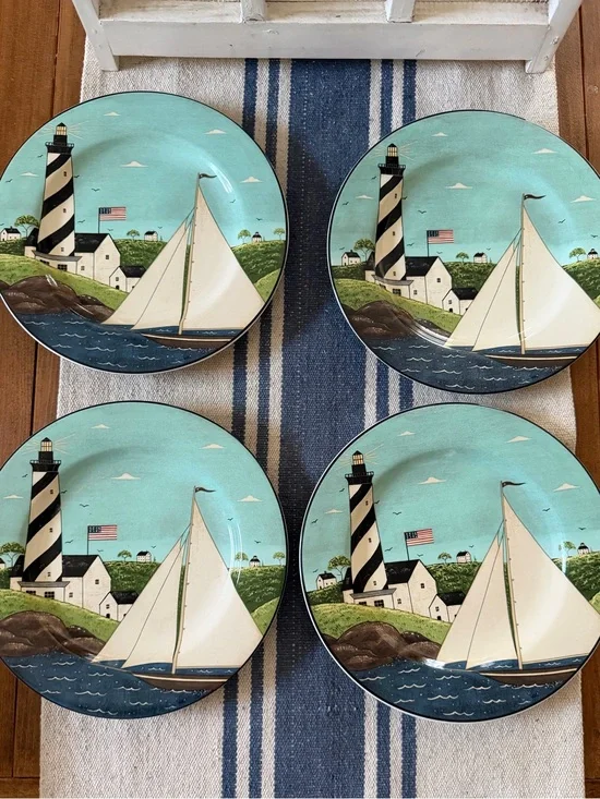4 Warren Kimble Sakura Coastal Breeze Lighthouse Sailboats Salad Dessert Plates