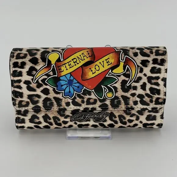 Ed Hardy Leopard Print Wallet Eternal Love Tattoo Graphic Trifold Clutch