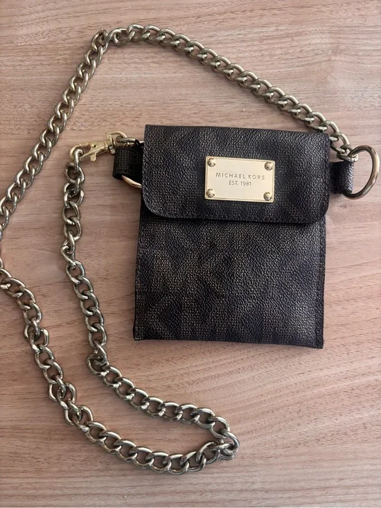 Michael Kors Dark Brown Monogram Crossbody Wallet with Gold Chain